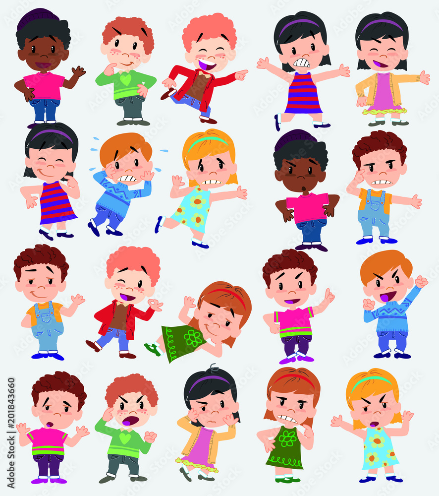 Cartoon character boys and girls. Set with different postures, attitudes and poses, doing different activities. Vector illustrations. Cartoon character boys and girls. Set with different postures, attitudes and poses, doing different activities. Vector illustrations.