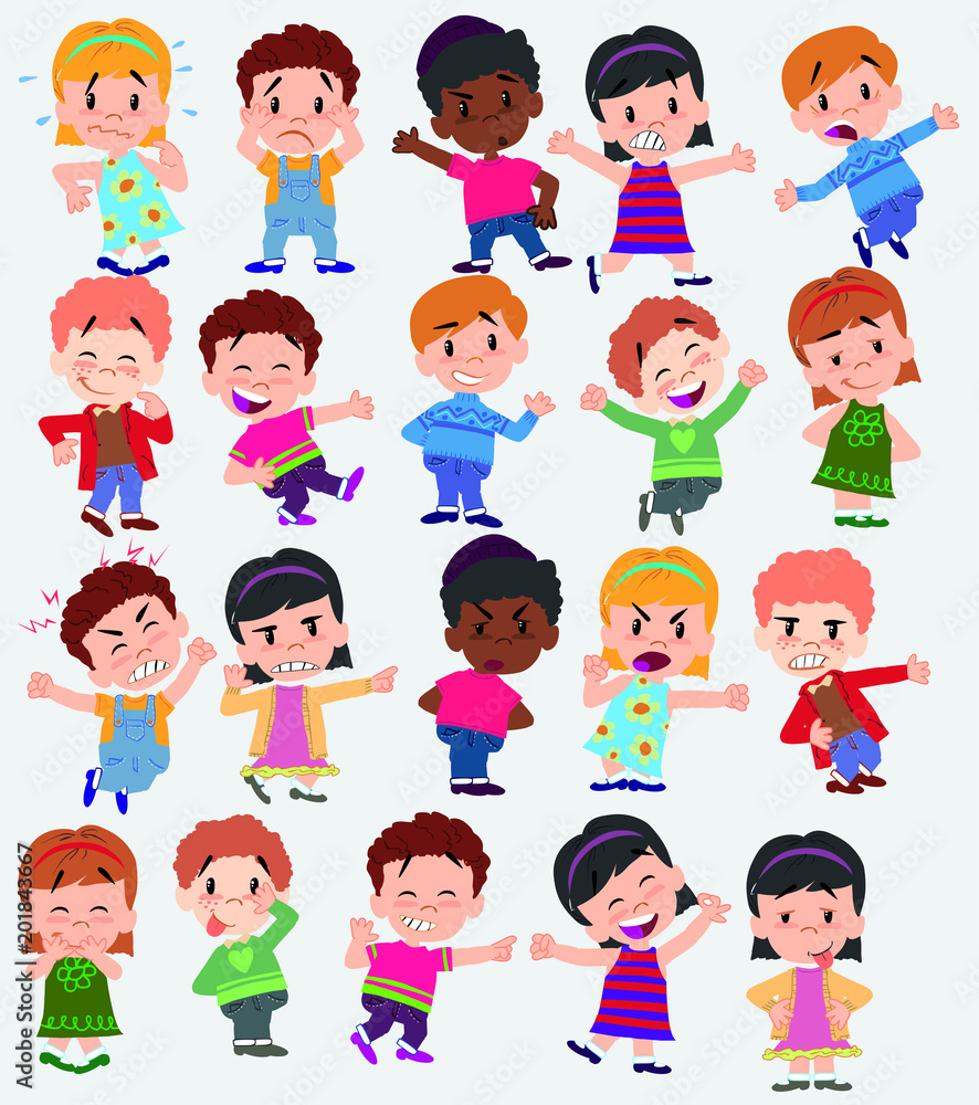Cartoon character boys and girls. Set with different postures, attitudes and poses, doing different activities. Vector illustrations. Cartoon character boys and girls. Set with different postures, attitudes and poses, doing different activities. Vector illustrations.