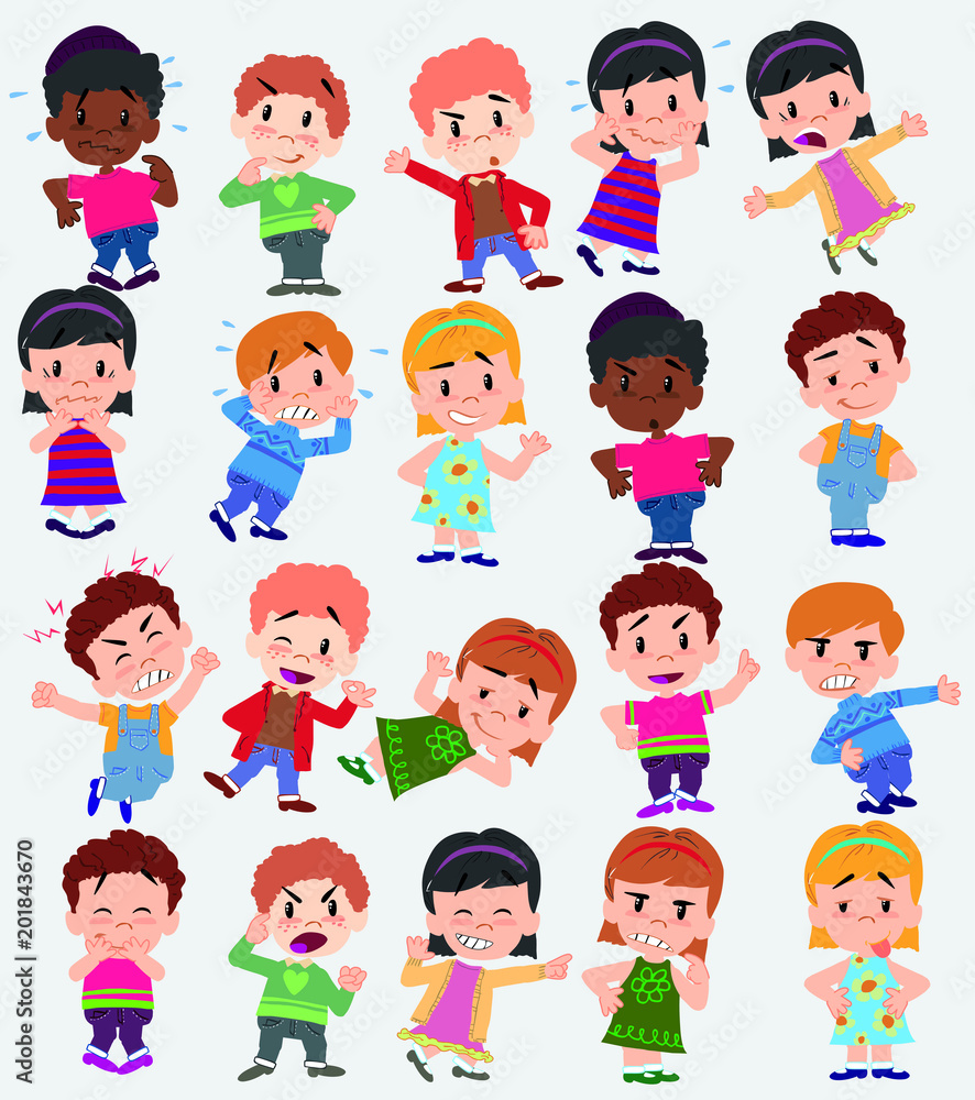 Cartoon character boys and girls. Set with different postures, attitudes and poses, doing different activities. Vector illustrations. Cartoon character boys and girls. Set with different postures, attitudes and poses, doing different activities. Vector illustrations.