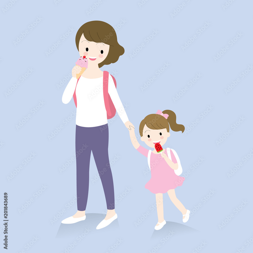 Cartoon cute mother and daughter eating ice cream vector. Stock Vector |  Adobe Stock