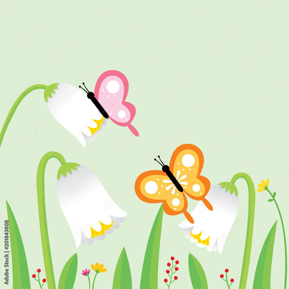 Cartoon cute colorful butterflies and white flowers in garden vector
