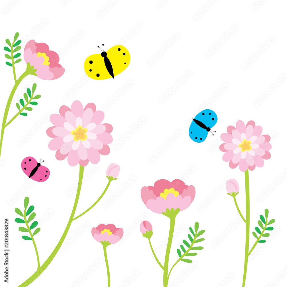 Cartoon cute little colorful butterflies and pink flowers on white  background vector. Stock Vector | Adobe Stock