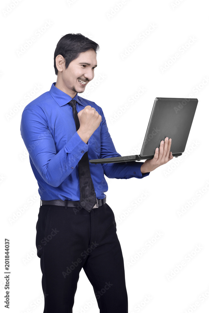 Portrait of asian businessman holding laptop