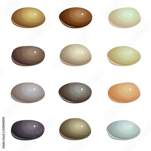 set of natural sea stones, shiny smooth brown and gray natural colors gem on a white background vector