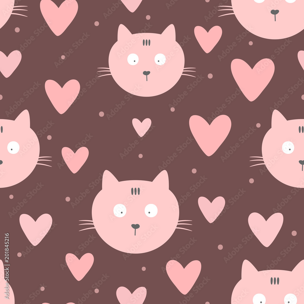 Repeated faces of cats, hearts and round dots. Cute seamless pattern for children. Endless girlish print.