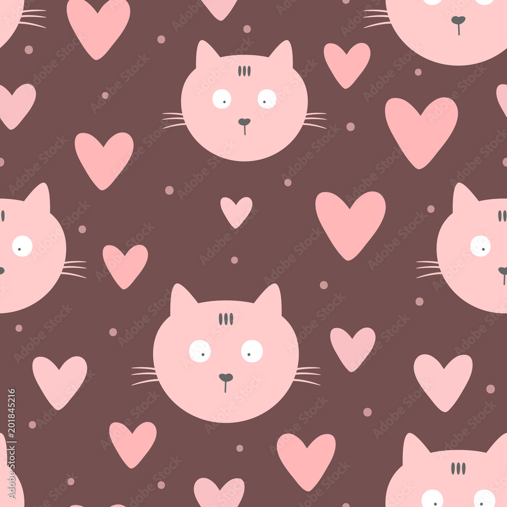 Repeated faces of cats, hearts and round dots. Cute seamless pattern for children. Endless girlish print. Repeated faces of cats, hearts and round dots. Cute seamless pattern for children. Endless girlish print.