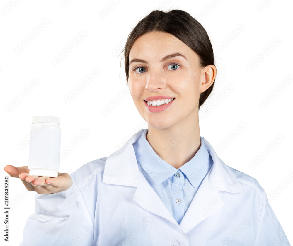 Young woman doctor making presentation of a medicine isolated on white background Young woman doctor making presentation of a medicine isolated on white background