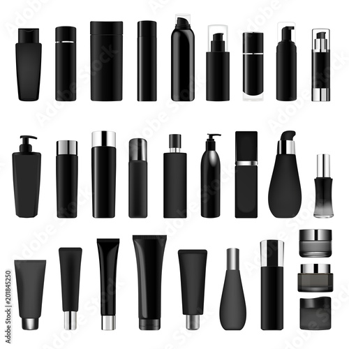 Set vector blank templates of empty and clean white plastic containers bottles with spray, dispenser and dropper, cream jar, tube.