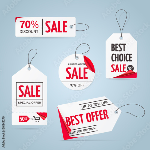 Set of realistic white price tags with curved red corners and text - Limited edition, best choice, special offer. Collection of vector sale paper labels isolated on the background.