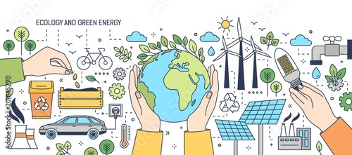 Banner with hands holding globe, light bulb and seeds surrounded by wind and solar power stations, electric car, green plants. Ecology, renewable energy, electricity generation. Vector illustration.