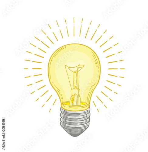 Incandescent lightbulb glowing with bright yellow light hand drawn on white background. Drawing of electric lamp. Symbol of innovative idea, discovery or solution. Colored vector illustration.