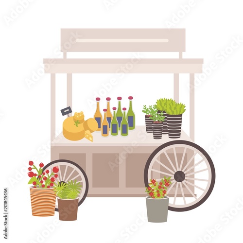 Wheeled cart, marketplace or counter with cheese, bottles and price tags