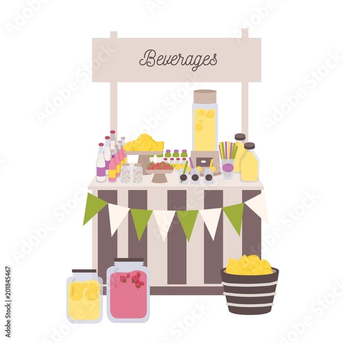 Marketplace or counter with signboard, bottles and jars with lemonade and oth...