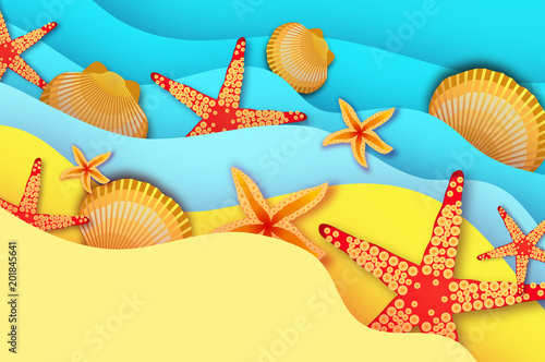 Origami clam mollusc shells. Summertime. Beautiful seascape in paper cut style.