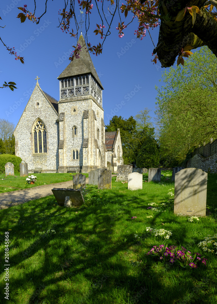 Afternoon sunlight and spring flowers in a view of St Peters Church, Ovingtion, Hampshire, UK