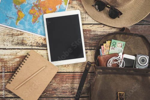 Traveler items vacation travel accessories holiday long weekend  day off travelling stuff equipment background view concept 