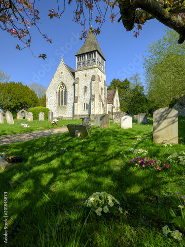 Afternoon sunlight and spring flowers in a view of St Peters Church, Ovingtion, Hampshire, UK photo