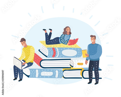 Young stylish male and female readers sitting on stack of giant books or beside it and reading. Literature fans or lovers. 