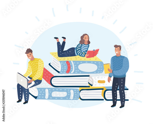 Young stylish male and female readers  sitting on stack of giant books or beside it and reading. Literature fans or lovers. 