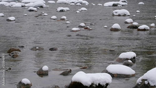 Stones with snow caps in the water of Altai Biya river under heavy snow in winter season photo