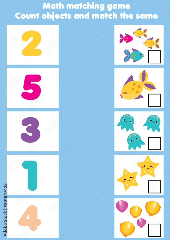 Math educational game for children. Matching mathematics activity. Counting game for kids Math educational game for children. Matching mathematics activity. Counting game for kids