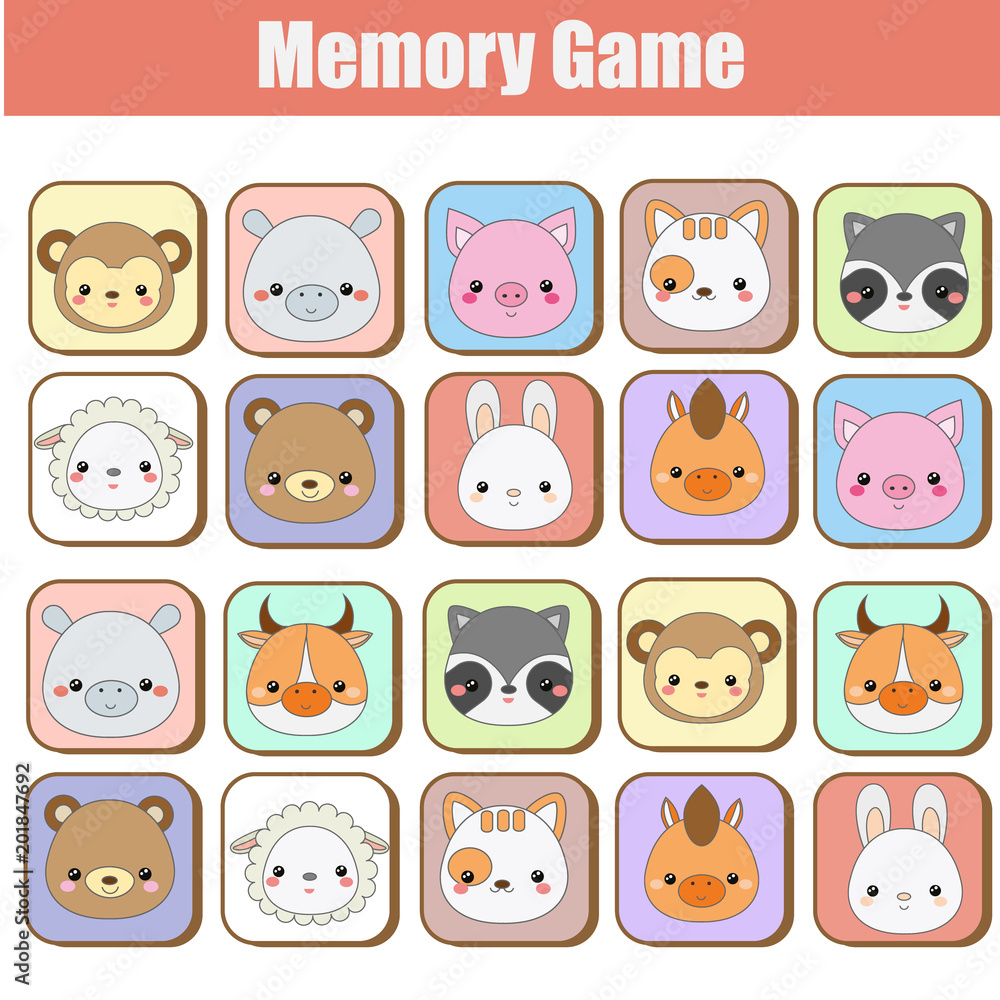 Memory game for toddlers. Educational children, kids activity with cute animals faces Memory game for toddlers. Educational children, kids activity with cute animals faces