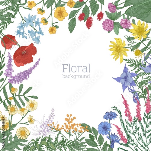 Elegant square frame decorated with colorful blooming wild meadow flowers and...