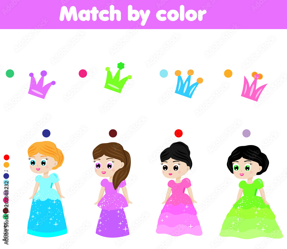 Educational children game. Match by color. Kids activity with cartoon princess Educational children game. Match by color. Kids activity with cartoon princess