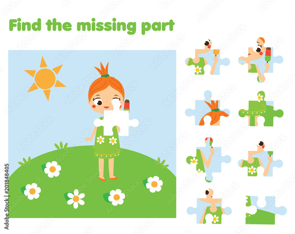 Fototapeta premium Puzzle game, Find missing part of picture. Educational activity for pre school years kids, toddlers and children