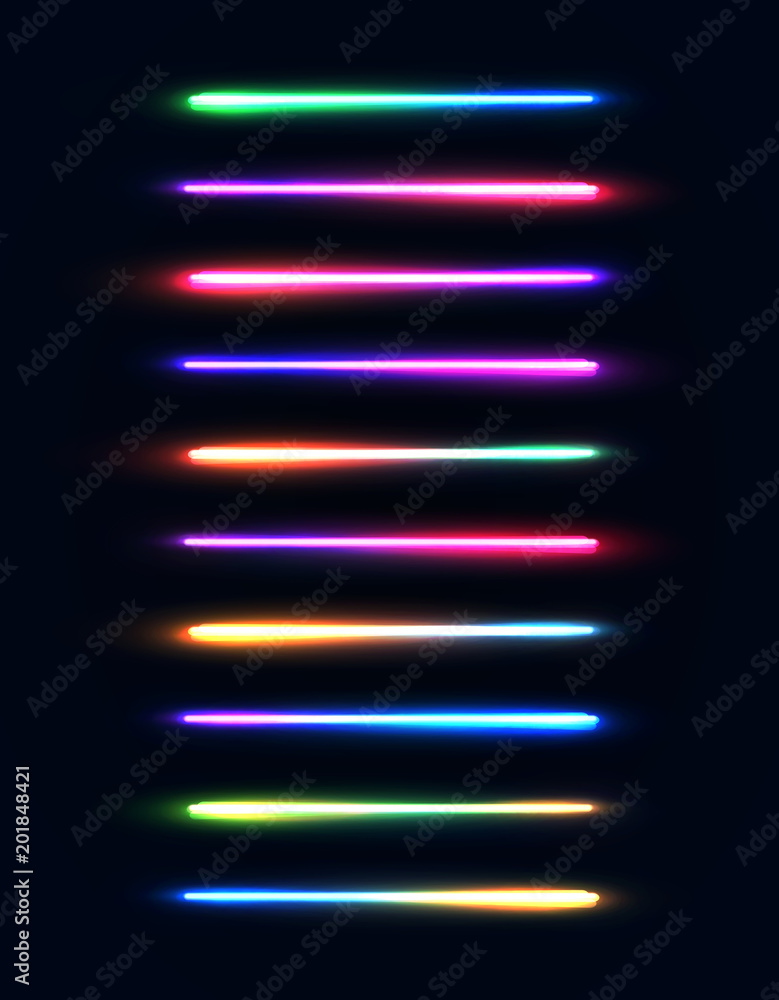Neon light tubes set. Colorful glowing stripes collection isolated on dark blue background. Luminous gradient lamps elements pack for night party or game design. Color bright vector illustration. Neon light tubes set. Colorful glowing stripes collection isolated on dark blue background. Luminous gradient lamps elements pack for night party or game design. Color bright vector illustration.