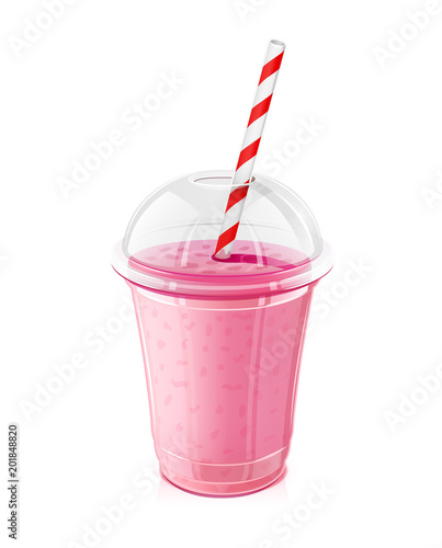 Plastic transparent cup with striped pipe. Fresh pink strawberry