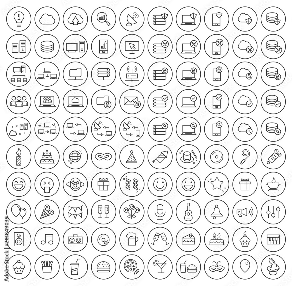 Set of 100 High Quality Universal Standard Minimal Simple Black Thin Line Network , Technology , Analytics and Party Icons on Circular Buttons on White Background Set of 100 High Quality Universal Standard Minimal Simple Black Thin Line Network , Technology , Analytics and Party Icons on Circular Buttons on White Background
