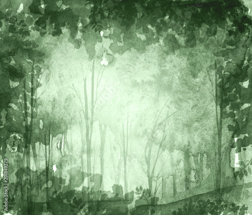 Watercolor illustration, dark, dense forest. Seasons. Summer, spring, autumn landscape. Abstract spots of green, monochrome. Park, forest, grove, trees. 