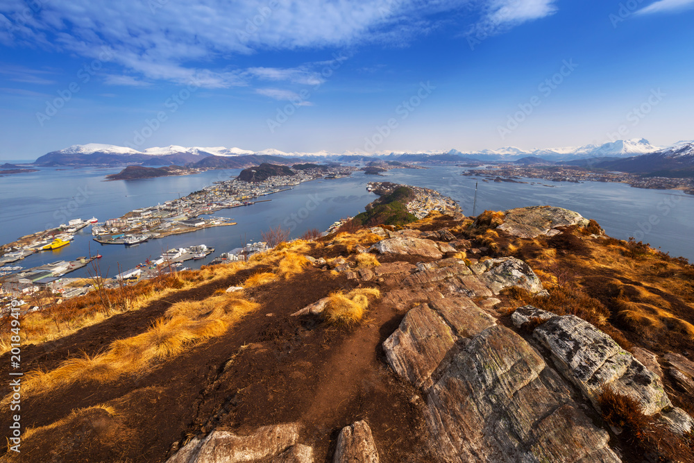 Beautiful scenery of west Norway coastline from the Sukkertoppen hill (Sugar Loaf Top)