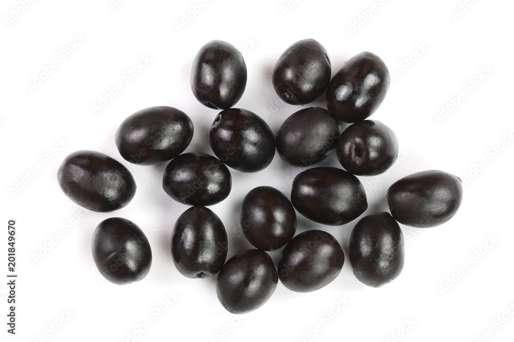 whole black olives isolated on white background. Top view. Flat lay pattern whole black olives isolated on white background. Top view. Flat lay pattern