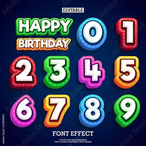 editable colorful cartoon font effect for kids learning and birthday year 