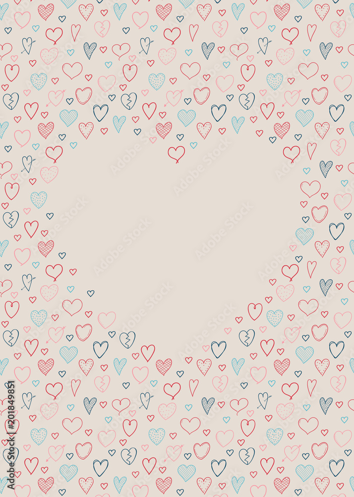 Background with frame made of hand drawn hearts. Template of card for Mother's Day, Women's Day an Valentine's Day. Vector.