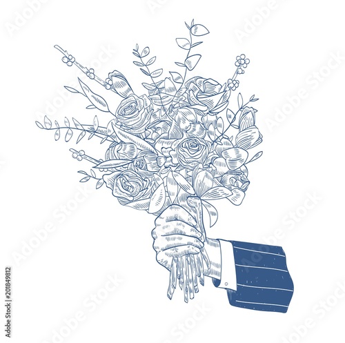 Male hand holding elegant bouquet or bunch of beautiful blooming garden flowers hand drawn with blue contour lines on white background