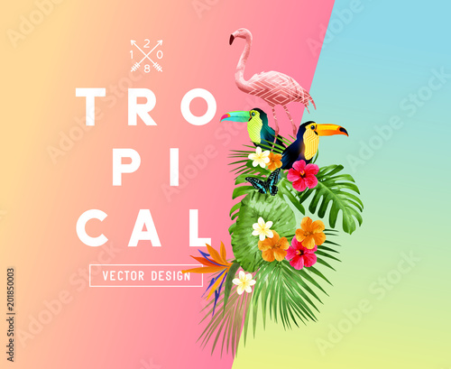 Bright tropical floral elements with Hibiscus flowers, toucans and Flamingos and a set of palm leaves on a gradient background. Vector illustration
