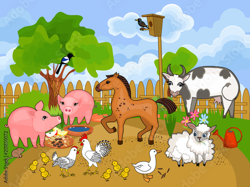 Rural landscape with different farm animals