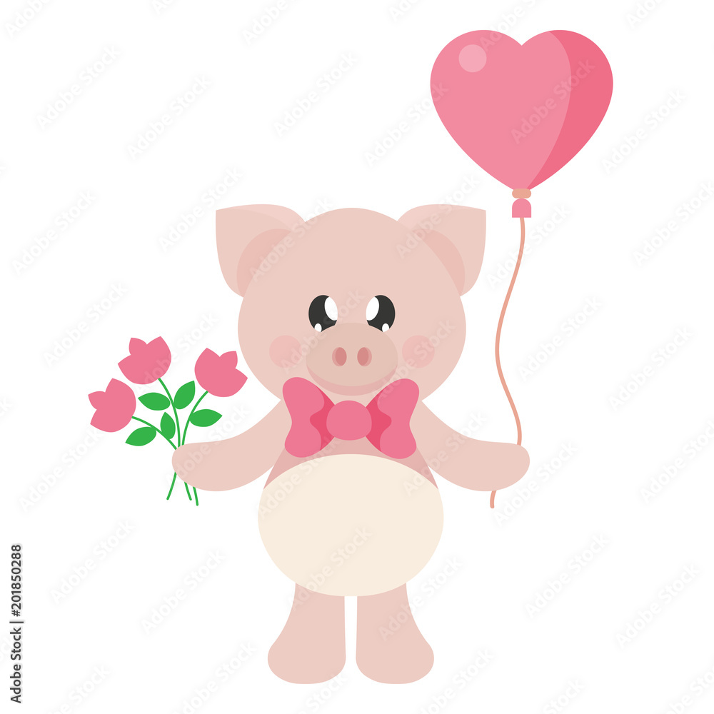 cartoon cute pig with flowers and basket and lovely balloons