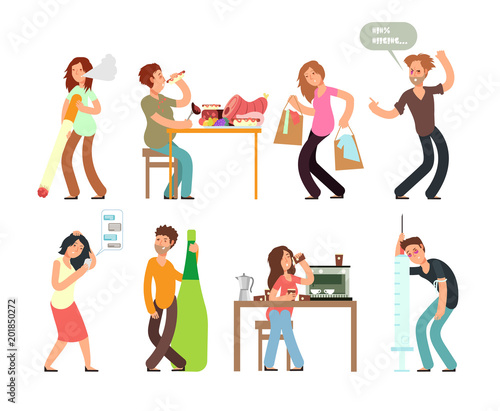 Bad habits unhealthy lifestyle. Alcoholism, drug addiction, smoking, gambling. Vector people set