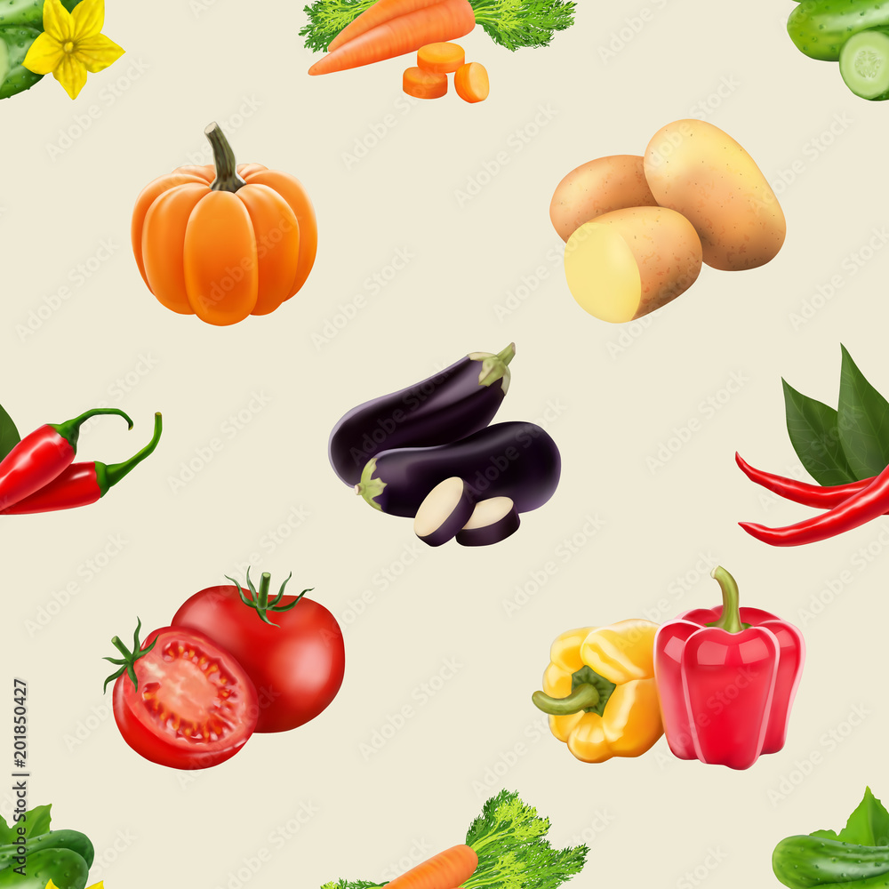 Seamless pattern with vegetables. Vegeterian food. Tomato, pumpkin, cabbage, potatoes onion broccoli carrot pepper and garlic. 3d realism vector illustration. Seamless pattern with vegetables. Vegeterian food. Tomato, pumpkin, cabbage, potatoes onion broccoli carrot pepper and garlic. 3d realism vector illustration.