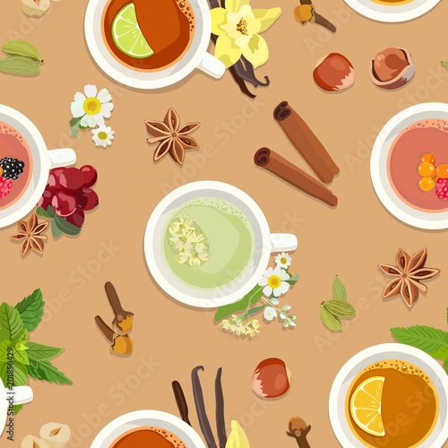 Seamless pattern with tea cups and delicious additives to tea. Vector illustration.