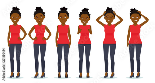 Set of woman's emotions. Facial expression. Set of beautiful african-american girl emotional portraits. Positive and negative female feelings. Vector cartoon illustration of a flat design