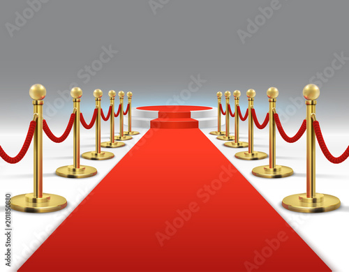 Elegant red carpet with round podium. Celebrity lifestyle, prestige and glamour vector background