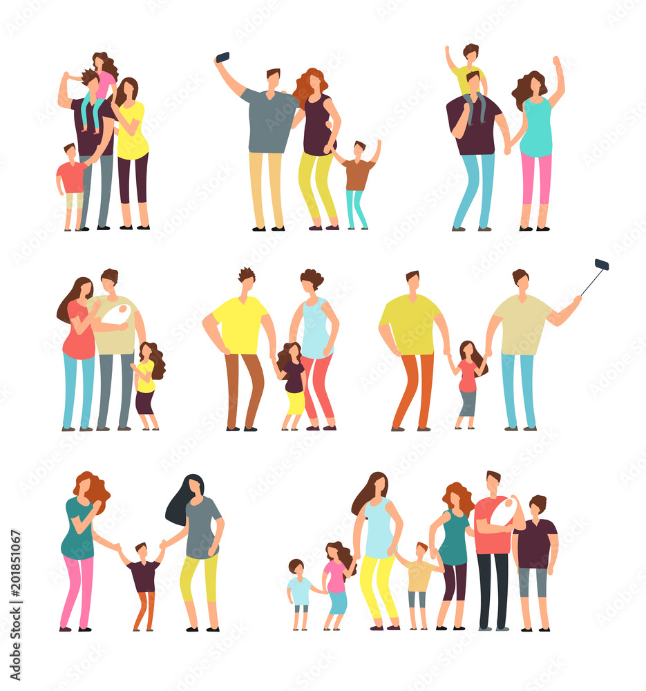 Happy family groups. Adult parents couple playing with kids vector cartoon people isolated