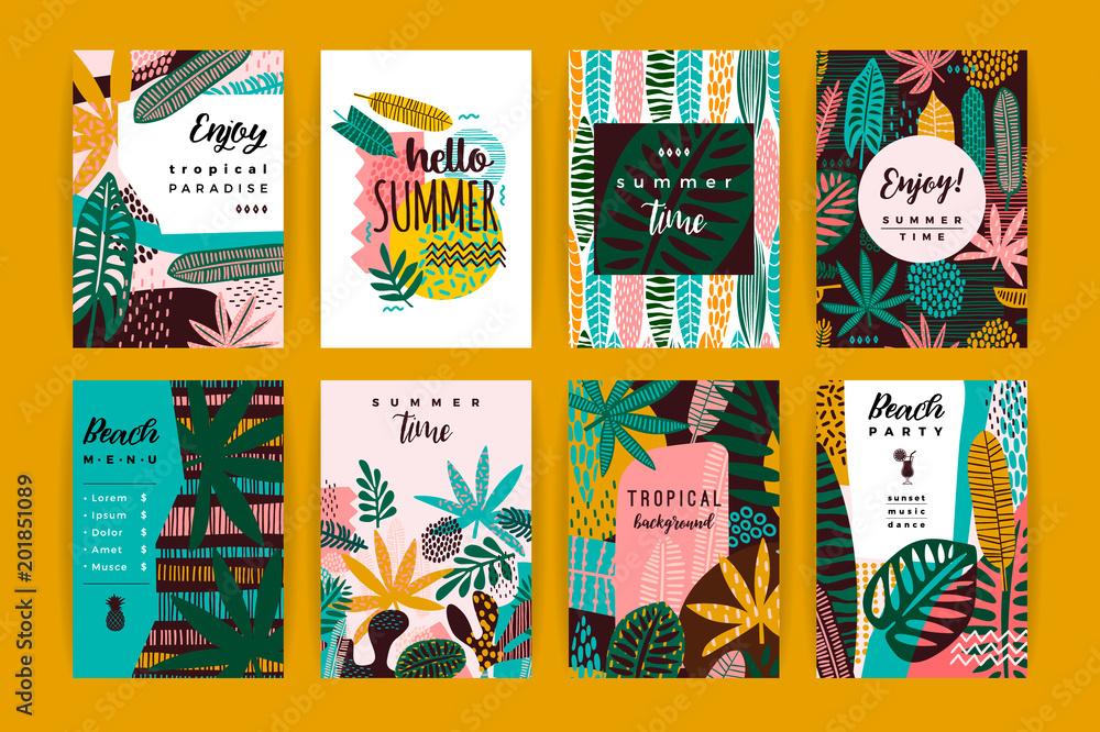 Set of abstract creative templates with tropical leaves. Set of abstract creative templates with tropical leaves.