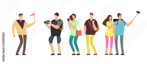 Tourists with guide on travel tour. Travelling people with family on vacation vector concept
