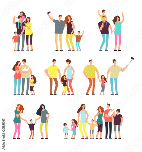 Happy family groups. Adult parents couple playing with kids vector cartoon people isolated